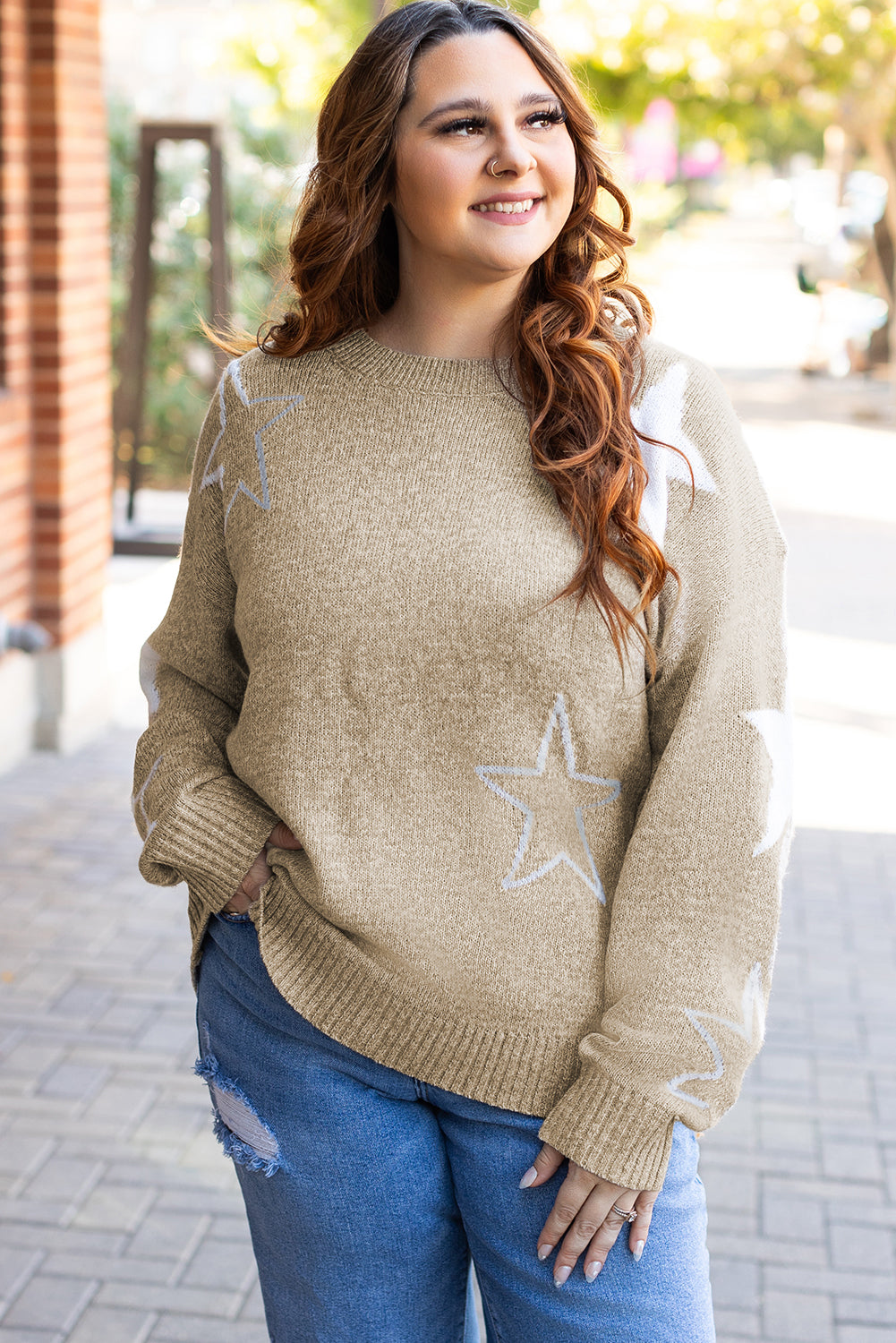 Khaki Star Pattern Drop Shoulder Plus Size Cozy Sweater Dear-Lover Dropshipping